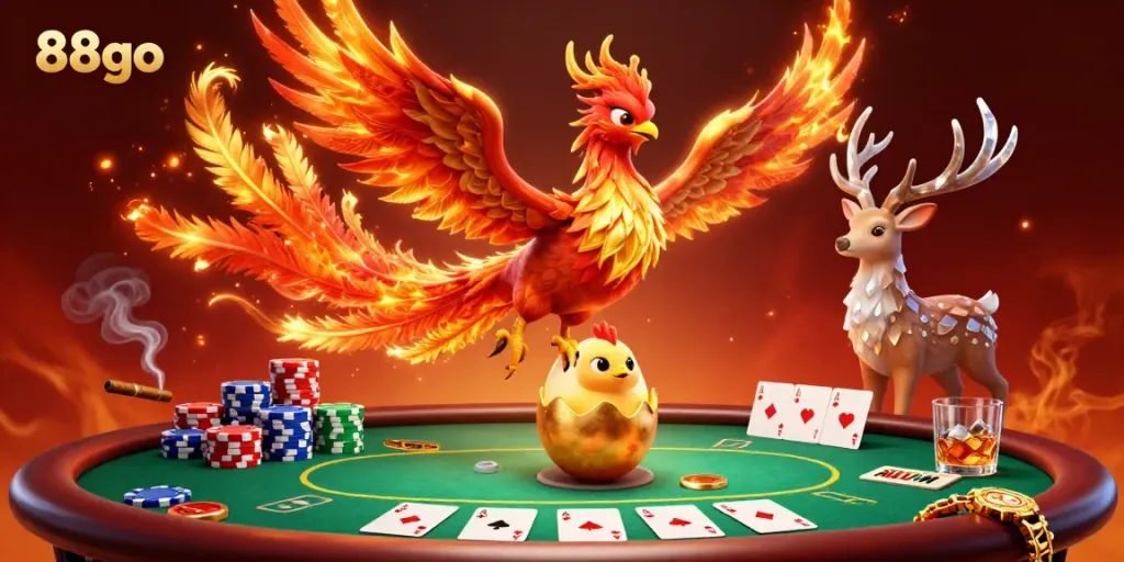 Experience gaming excitement with 88go's vibrant phoenix illustration, showcasing a rich casino atmosphere.