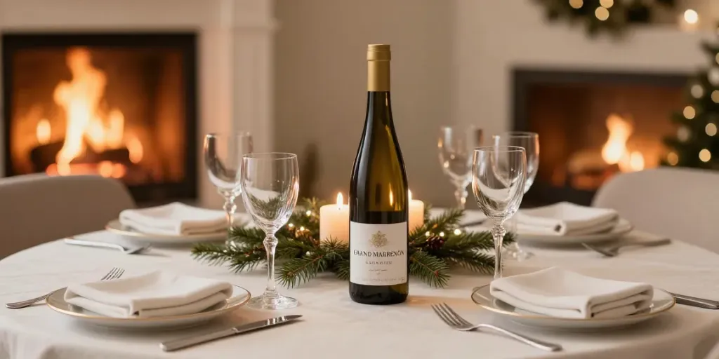 Festlich gedeckter Tisch mit Grand Marrenon Rotwein für Winterfeierlichkeiten