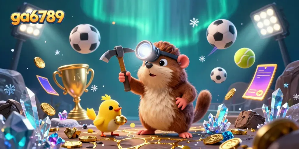 Experience thrilling action with ga6789 in this vibrant 3D casino scene filled with gold coins and sports elements.