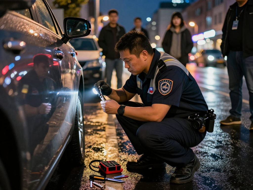 Emergency locksmith near me assisting with a car lockout on a busy street at night