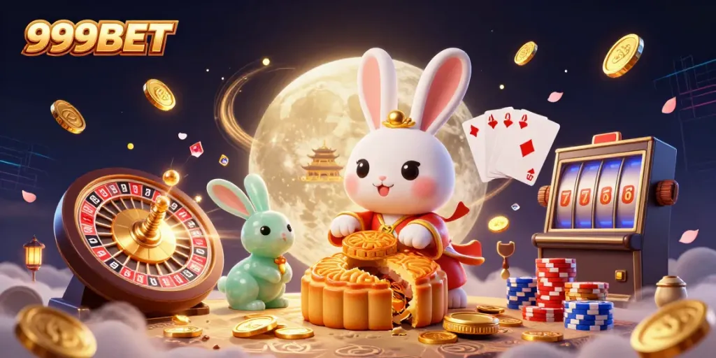 Engaging 3D scene of 999BET showcasing a moon rabbit and treasures, emphasizing casino excitement.