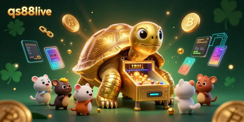 Experience the excitement of qs88live with vibrant casino-themed 3D illustration featuring unique characters and crypto elements.