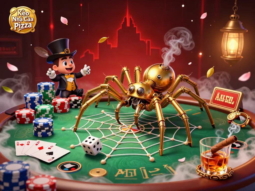 Kèo Nhà Cái Pizza scene featuring a golden spider and poker elements illustrating gambling excitement.