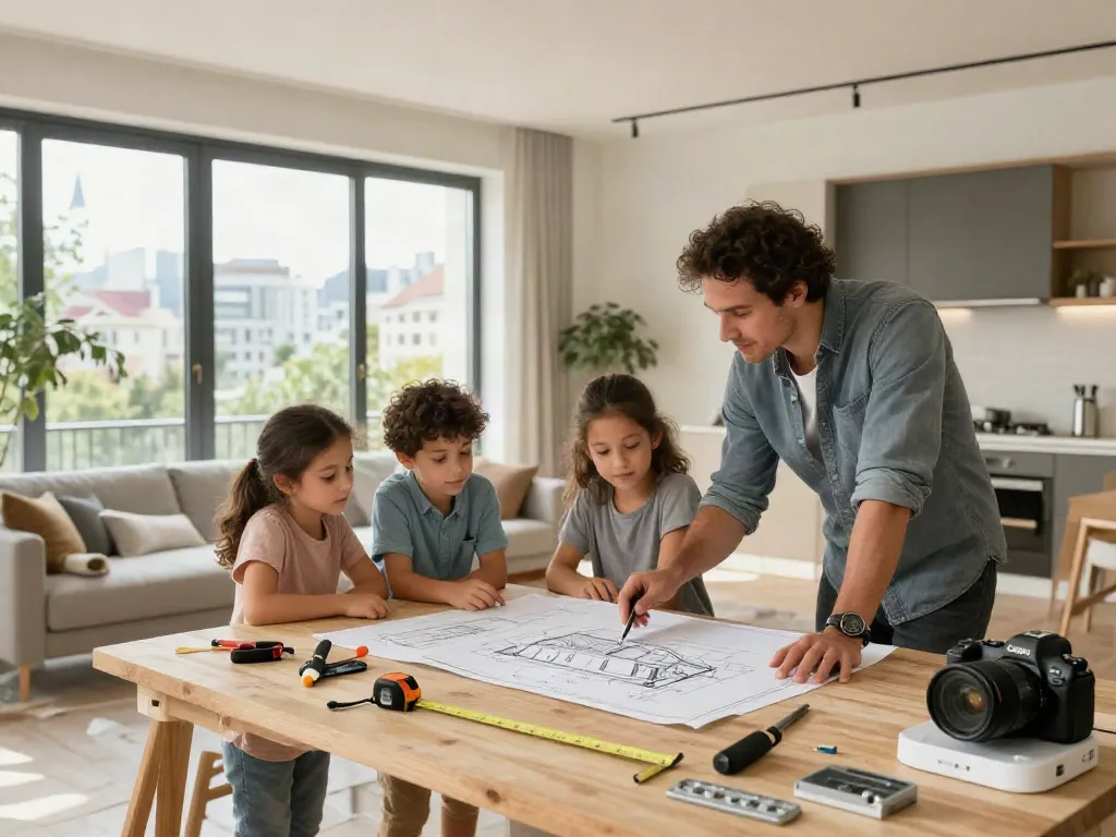 Hausbau Wien - Architekt präsentiert Baupläne einer modernen Wohnhausgestaltung in Wien mit einer Familie.