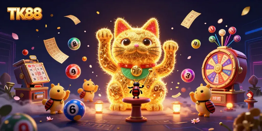 Experience thrilling casino excitement with TK88's animated lucky cat and vibrant game elements.
