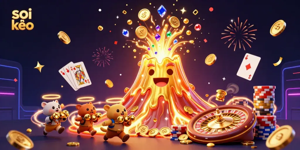 Soi kèo analysis with a colorful 3D illustration featuring a golden volcano erupting coins, surrounded by gaming elements.