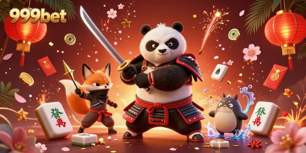 Experience the immersive world of 999bet with a heroic panda samurai and whimsical characters in a vivid, action-packed casino scene.