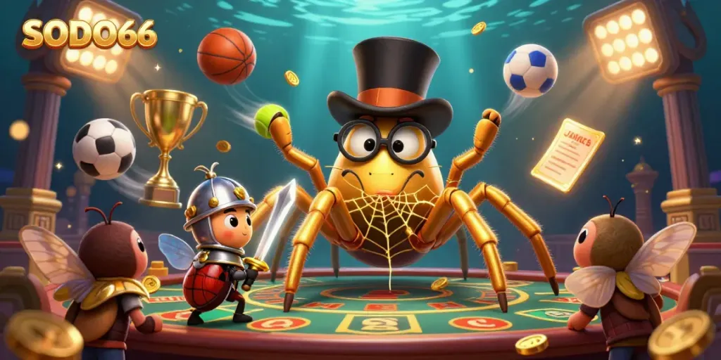 SODO66's vibrant online gaming scene showcases a golden tarantula and a beetle knight amidst flying sports elements.