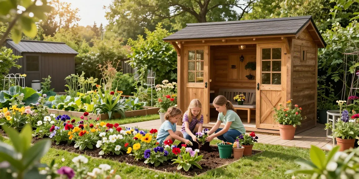 Stilvolles Gartenhaus umgeben von Blumen und Familienaktivitäten im Garten.