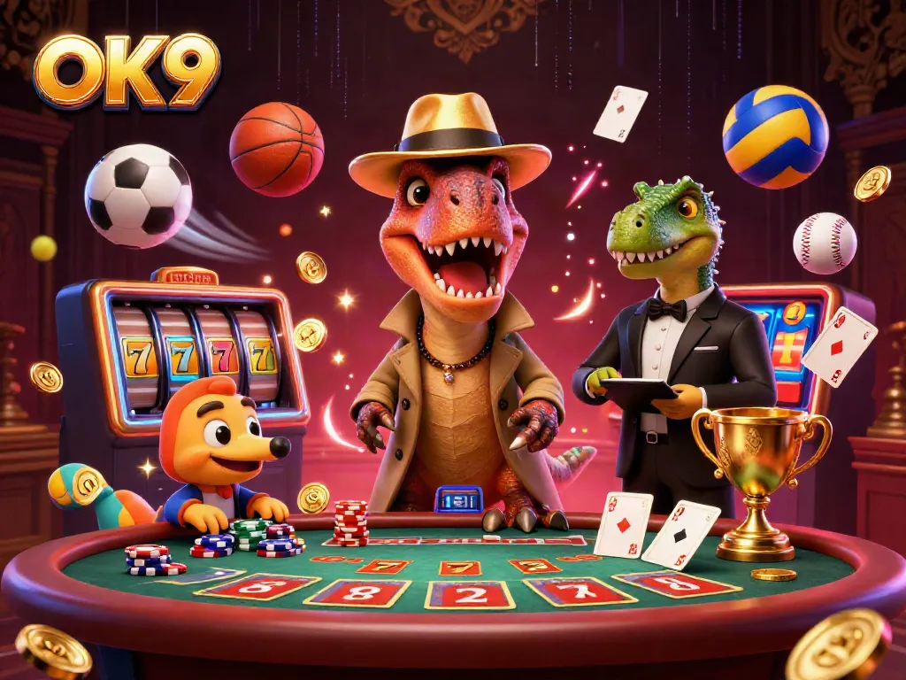 Experience gripping casino action with OK9, featuring a velociraptor at a blackjack table, seamlessly blending sports and gambling themes.