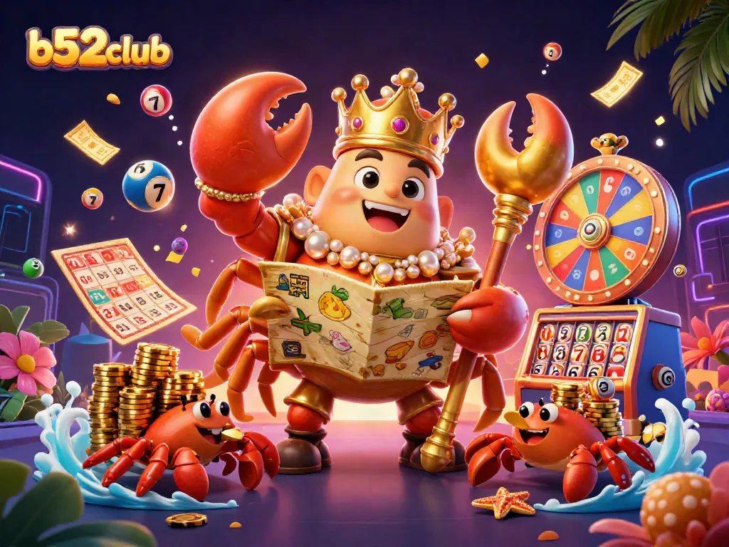 Engage with b52club's thrilling gaming scene showcasing a crab emperor and vibrant lottery elements.