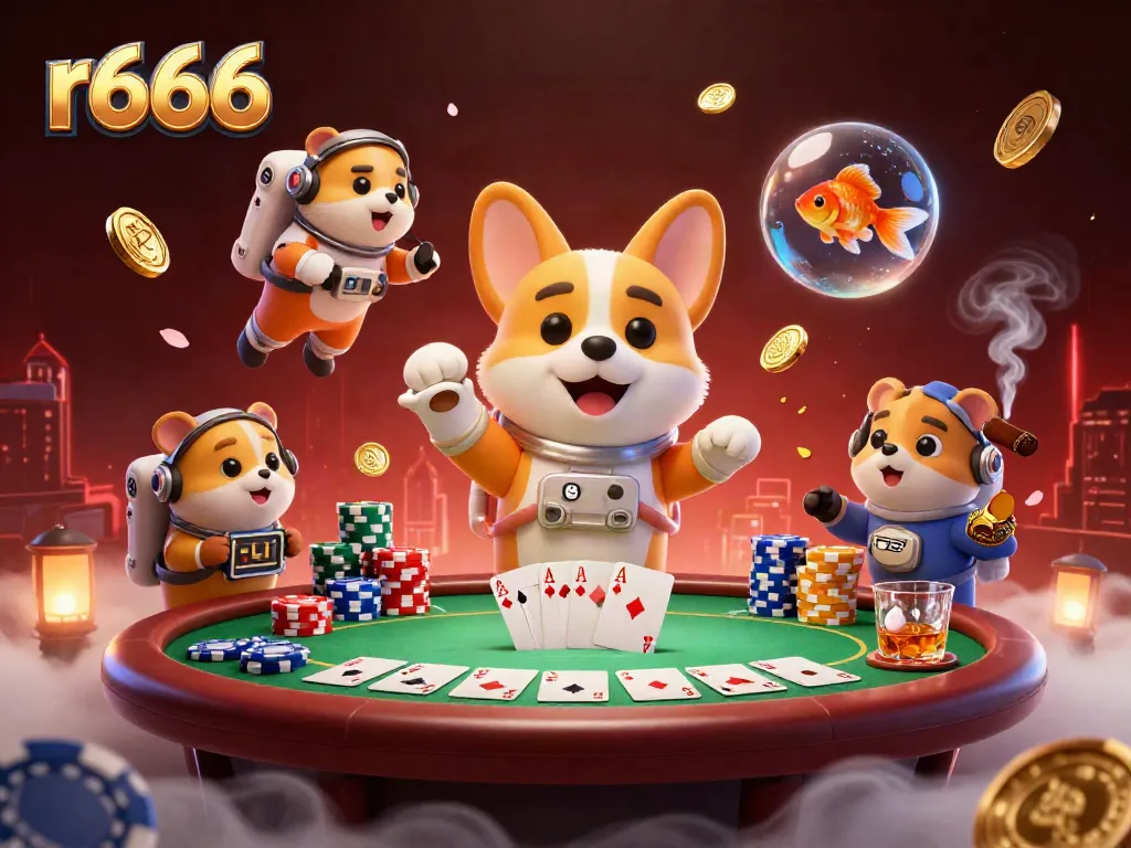 Experience thrilling gameplay at r666 casino with a dynamic space-themed illustration featuring a corgi and hamster.