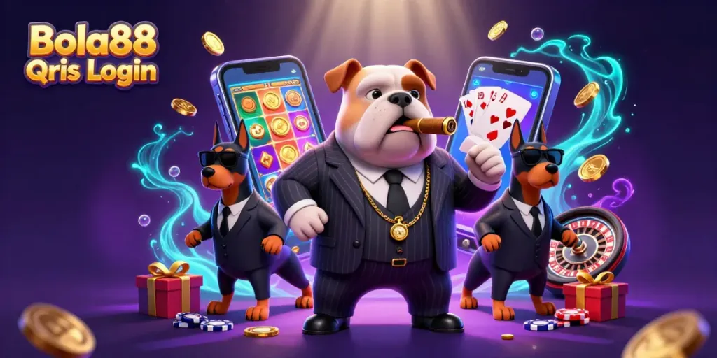 Engage with Bola88 Qris Login through a dynamic casino scene showcasing a bulldog boss surrounded by game elements.