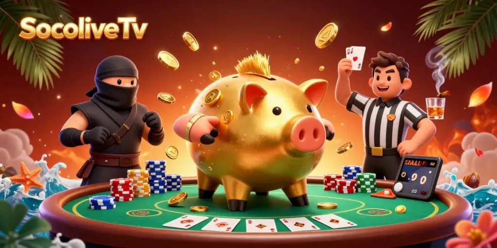 Witness the thrill of SocoliveTv with animated characters celebrating big wins amidst vibrant casino elements.