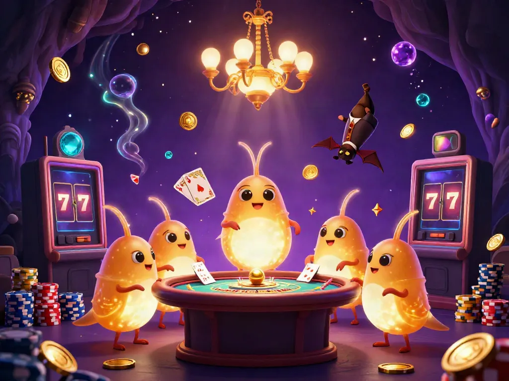 Experience the excitement of au88 casino with glowing glowworms, a bat dealer, and flying coins in an ultra-detailed scene.
