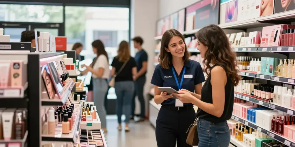 Vielfältige Produktauswahl und Beratung im kosmetischen Einzelhandel, die Produkte hervorhebt.