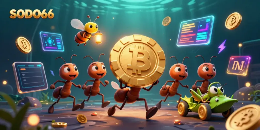 Engage with SODO66's exciting world featuring cartoon ants on a casino heist with neon crypto elements.