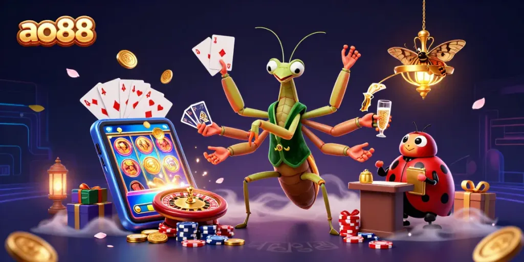 Engage in thrilling gaming adventures with AO88, featuring a praying mantis dealer, ladybug boss, and vibrant casino visuals.