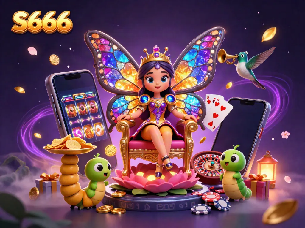 S666 casino illustration featuring a butterfly queen and vibrant gaming elements for an engaging experience.