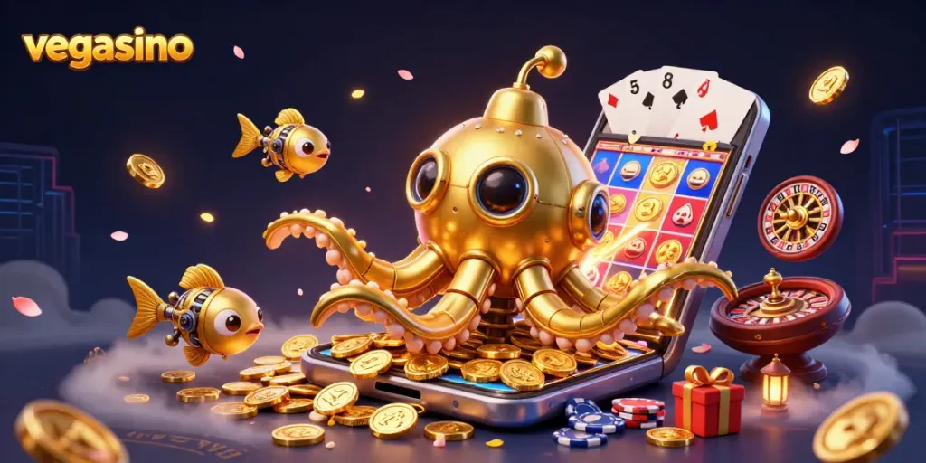 Experience the excitement of vegasino with a vibrant 3D casino themed illustration featuring mobile gaming and big wins.
