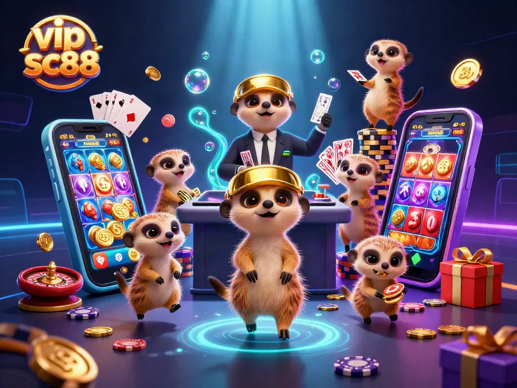 Engage in thrilling casino action with vip sc88 as meerkats operate games, spin reels, and stack chips.