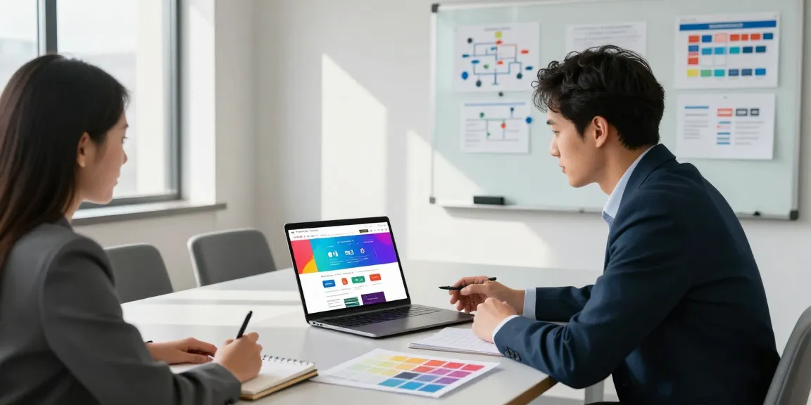 Web Design Berater, die modernen Website-Mockups einem kleinen Geschäftsinhaber in einem kollaborativen Meeting präsentieren.