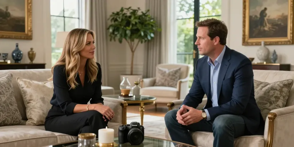 Tucker Carlson Wife Heiress Net Worth discussion in a luxurious living room.