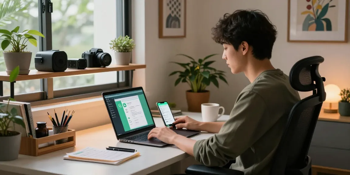 Engaged professional using WhatsApp電腦版 in a modern home office environment