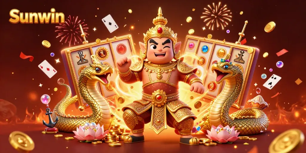 Experience the excitement of Sunwin with this colorful 3D illustration of a temple guardian, slot reels, and gold coins.