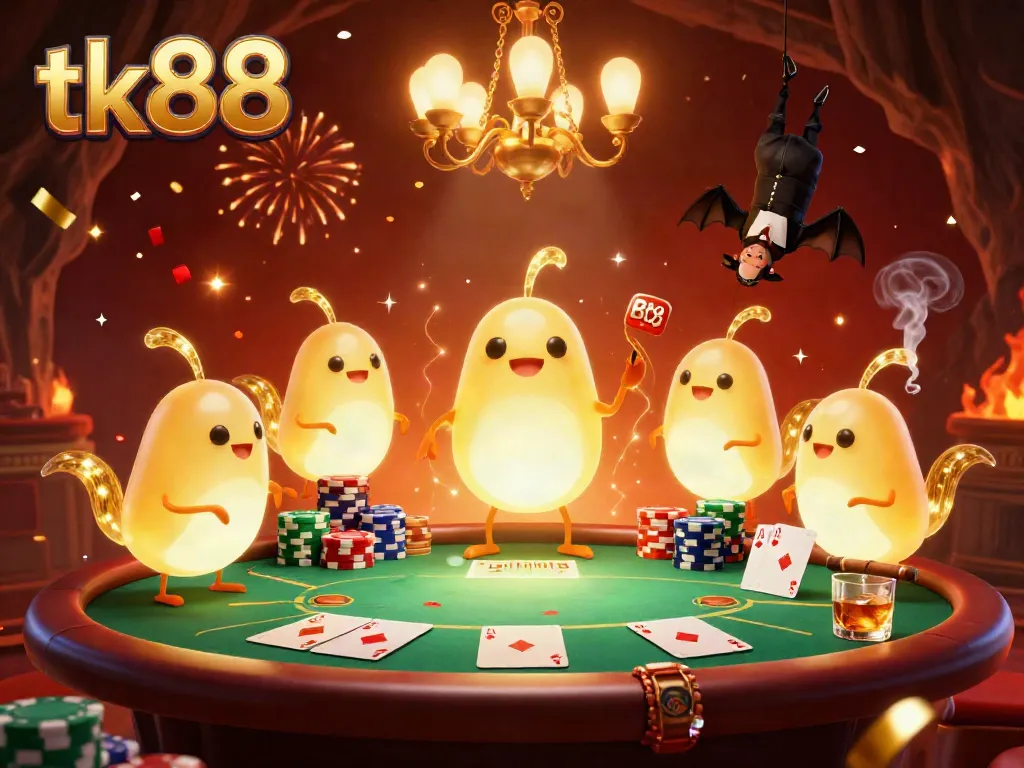 Join the glowworms in the tk88 casino scene, highlighting fun poker action under neon lights.