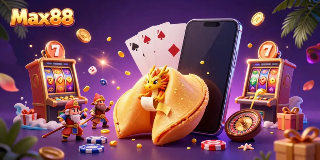 Experience the excitement of Max88 with a vibrant 3D casino scene full of games and golden treasures.