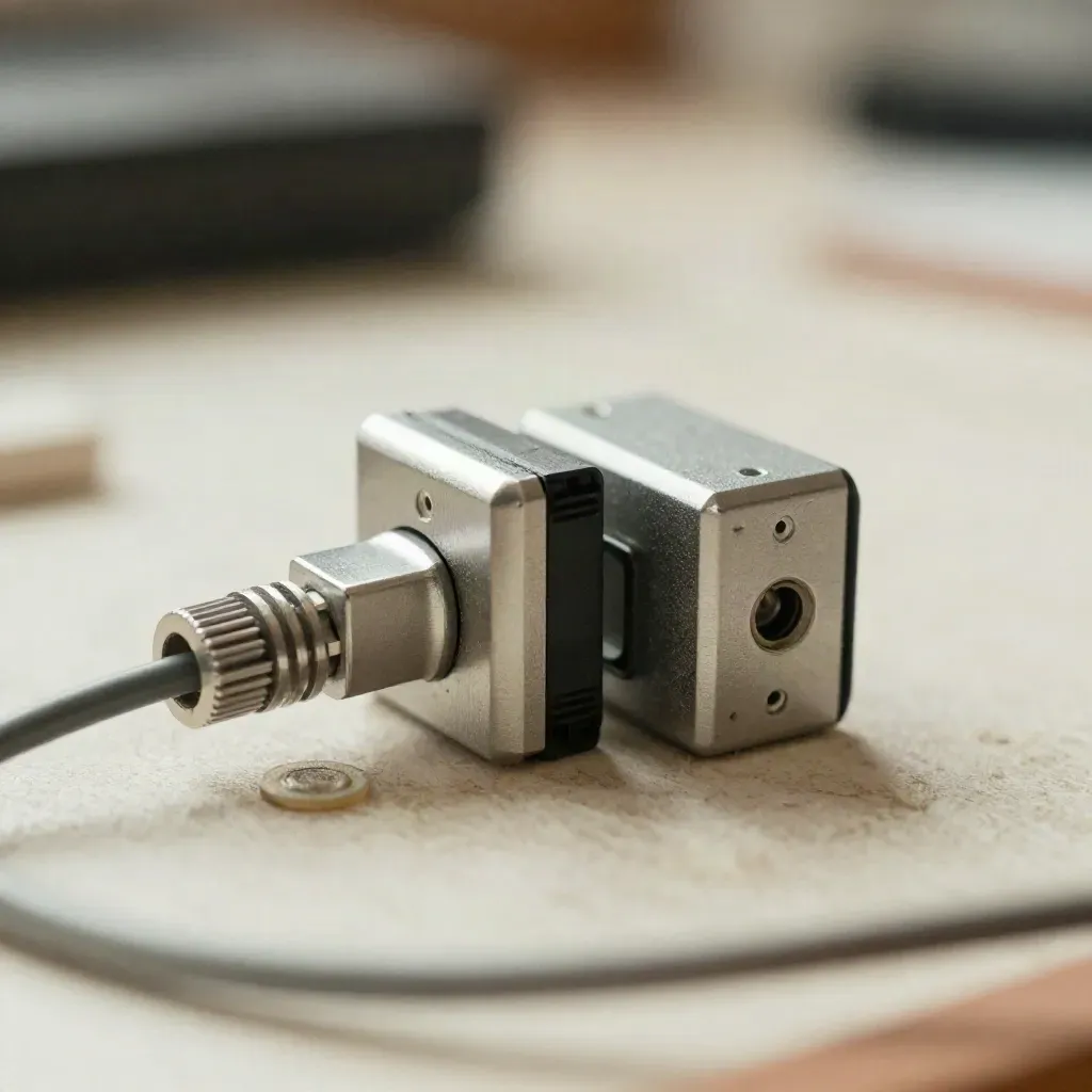 Sensor-Magnet, Kabelschuhe und Sensorgehäuse auf hellem Werkmatten-Material im Makro.