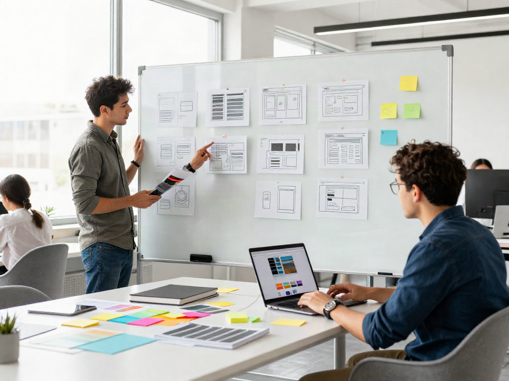 Team von Sanumwebdesign arbeitet kreativ an Webprojekten in modernen Büroräumen.