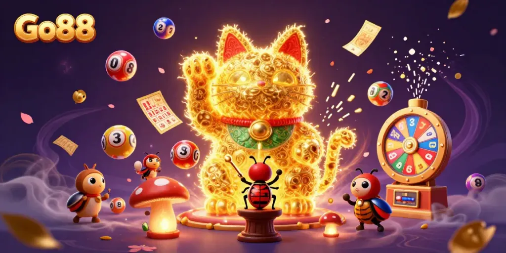 Go88’s lucky cat illustration showcases vibrant casino elements and winning opportunities in a magical scene.
