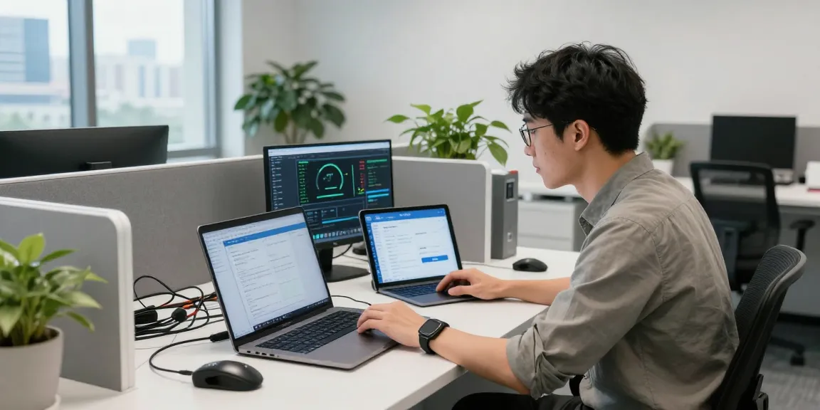 快连技术支持中心的工作人员正在解决网络问题，电脑与工具整齐摆放，现代办公环境。