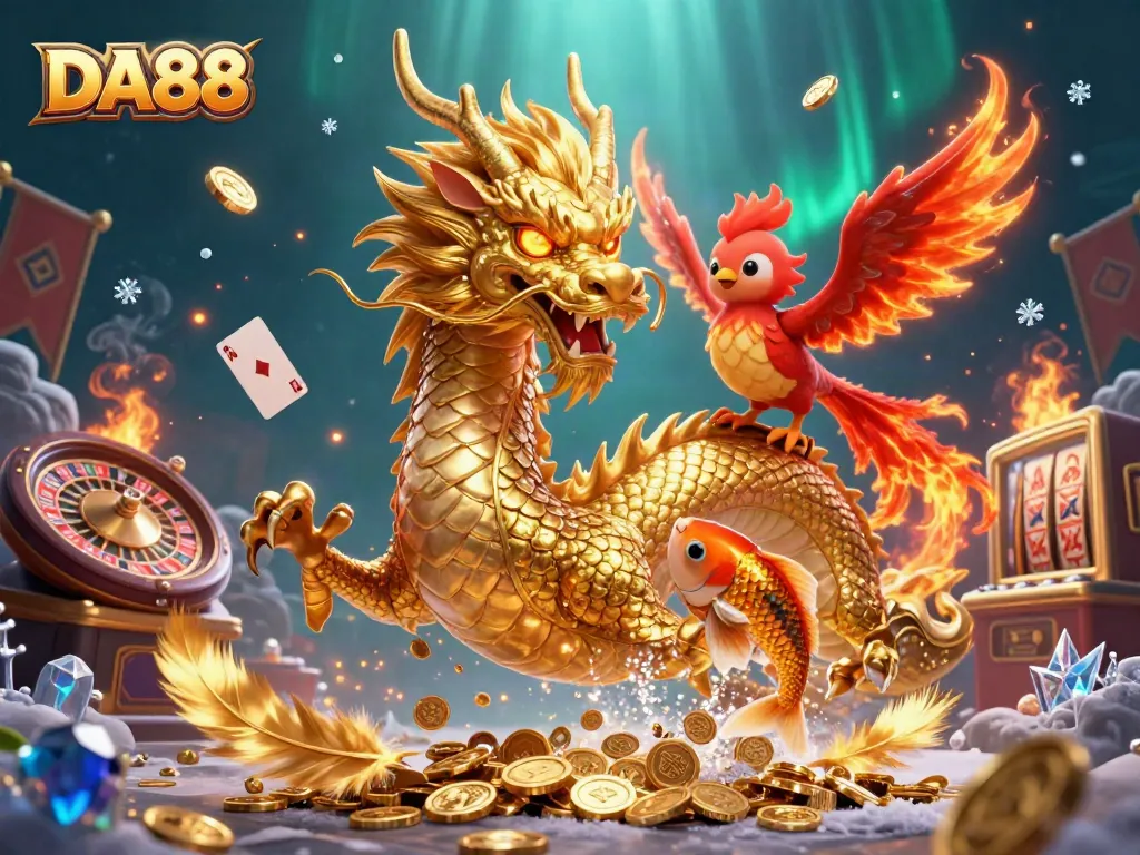 Engage with DA88's thrilling gaming experience featuring a dragon, phoenix, and koi fish in a vibrant casino.