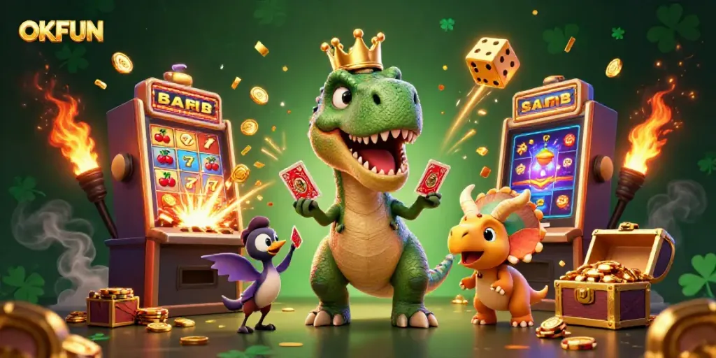 Join the fun with OKFUN as a friendly T-Rex and friends shuffle cards and stack chips in a vibrant casino scene.