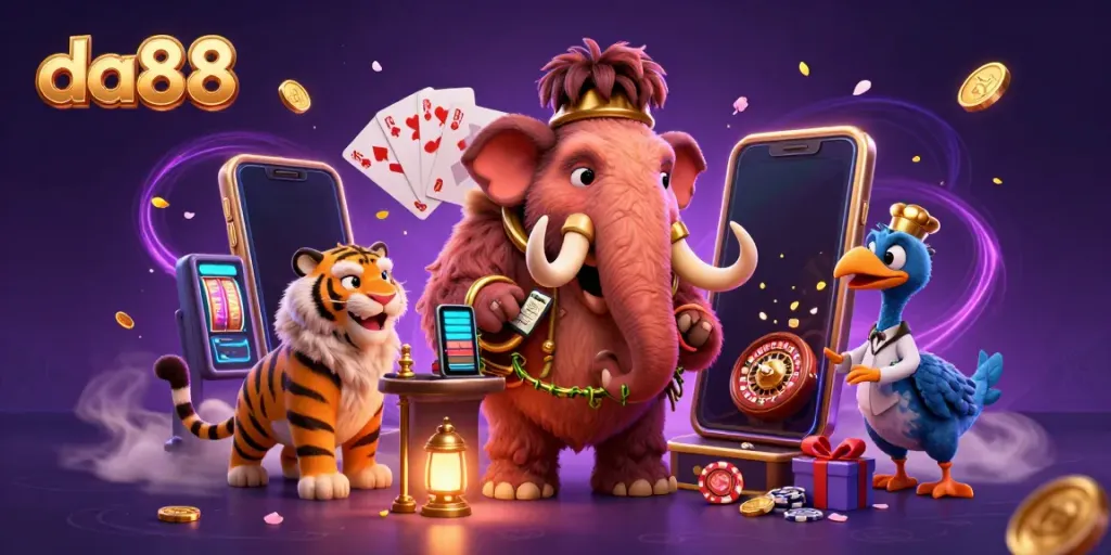 Engage with da88 as a 3D cartoon casino scene featuring vibrant characters and gameplay elements.