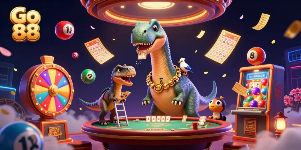 Experience thrilling action at Go 88 with an enormous brontosaurus watching over a poker table amid a vibrant casino.