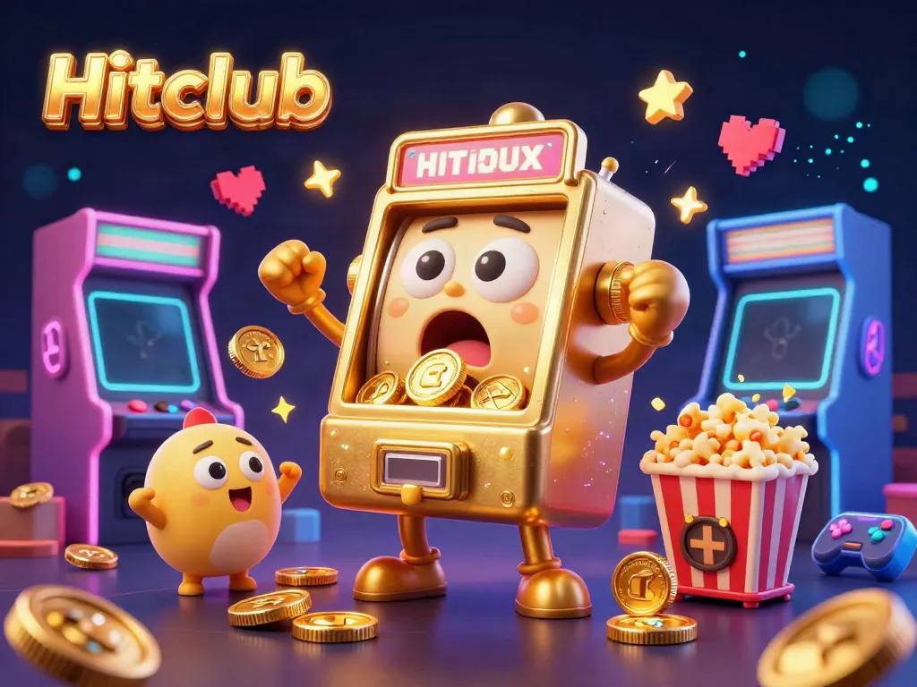 Hitclub showcases a golden slot machine hitting the jackpot while surrounded by cheering characters and colorful game elements.