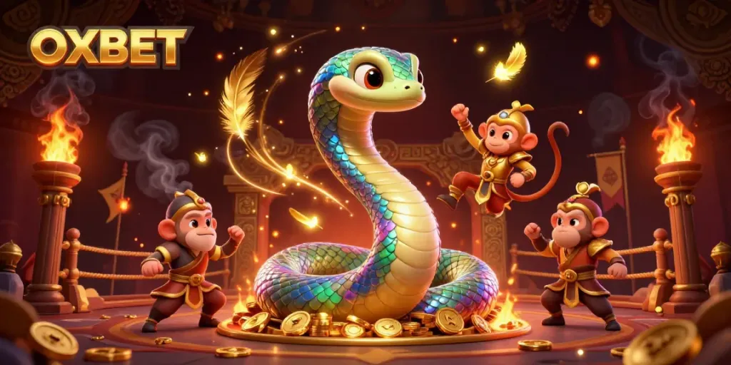 Experience the excitement of OXBET with vibrant gaming elements and characters in a dynamic casino setting.