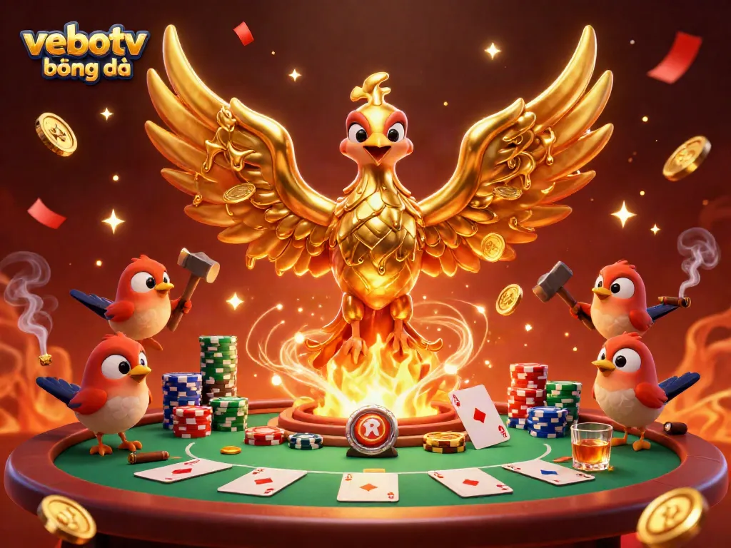 Experience the vebotv bóng đá excitement with a vibrant scene capturing a golden phoenix amidst poker elements and festive atmosphere.