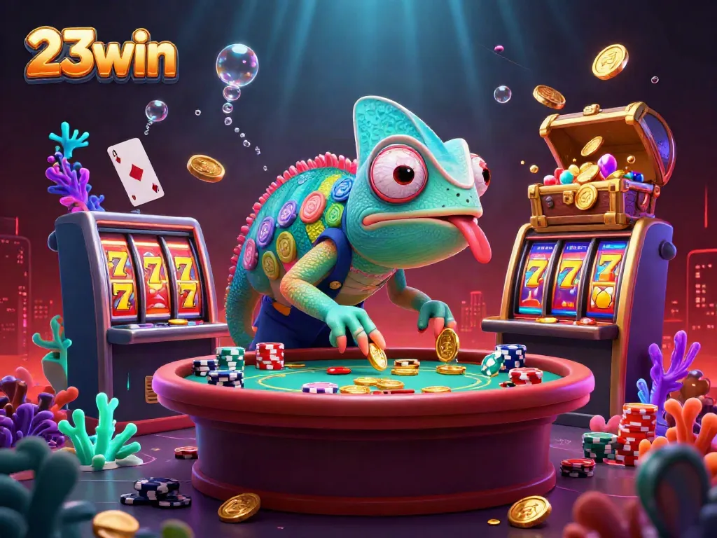Engage with 23win's vibrant gaming world showcasing a colorful chameleon casino owner and dynamic games.