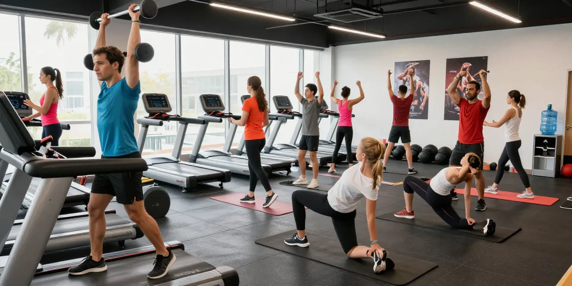 Aktive Trainingseinheit im Astera Shop mit verschiedenen Sportlern, die im modernen Fitnessstudio trainieren.