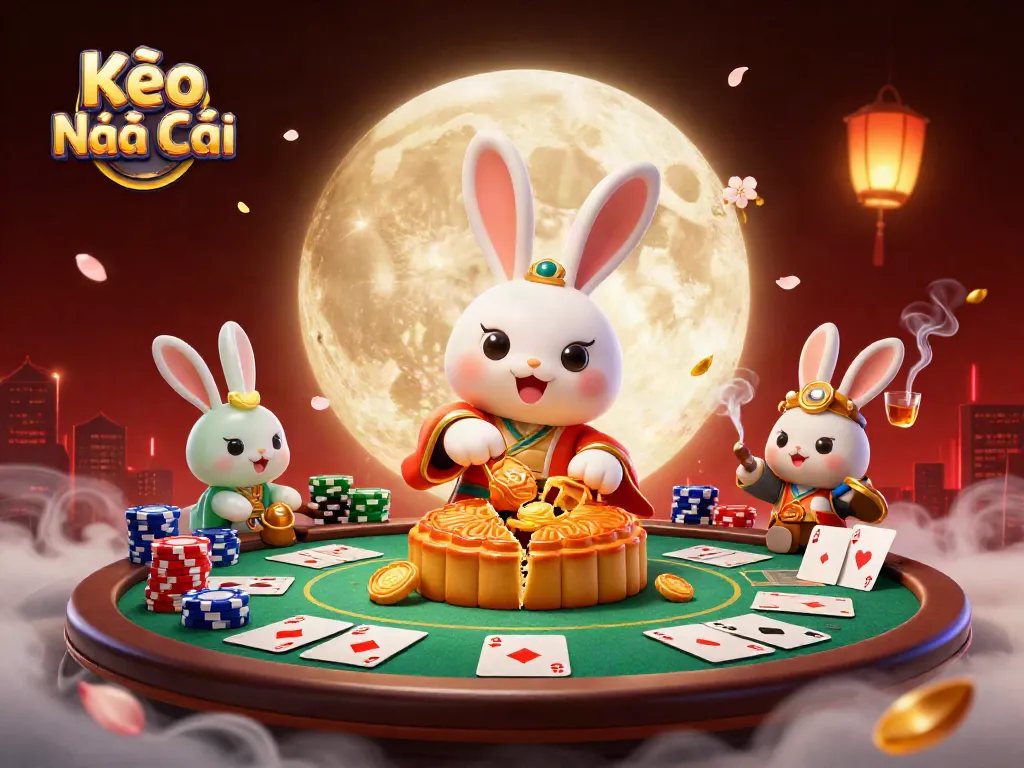 Kèo Nhà Cái illustration showing a folkloric moon rabbit revealing poker chips, capturing the essence of sports betting excitement.
