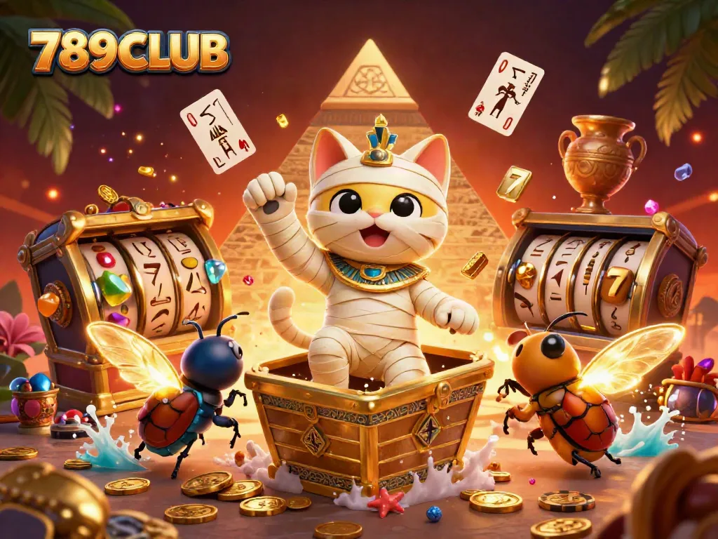 Engage with 789CLUB casino adventure, featuring an Egyptian mummy cat and jackpot elements.