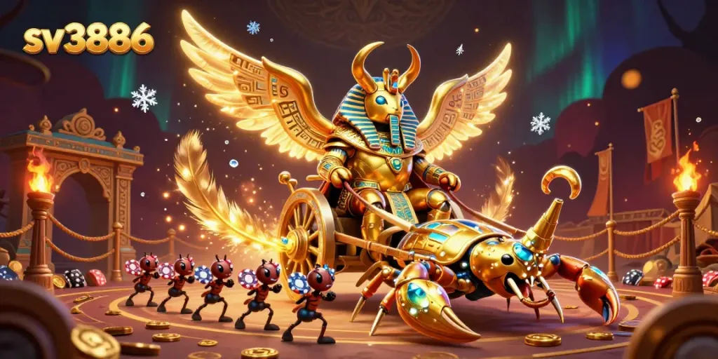 Experience the thrilling action at sv3886 with our unique illustrated scene of a pharaoh-themed online casino adventure.