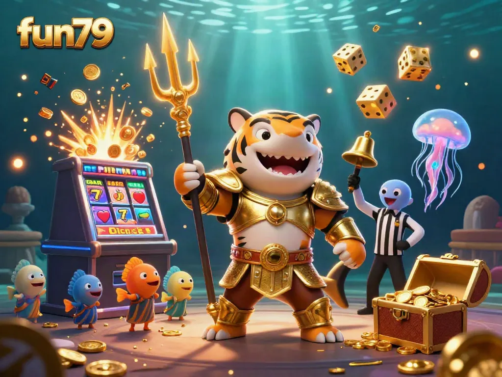 Play exciting games at fun79, featuring a dynamic underwater casino scene with lively characters.