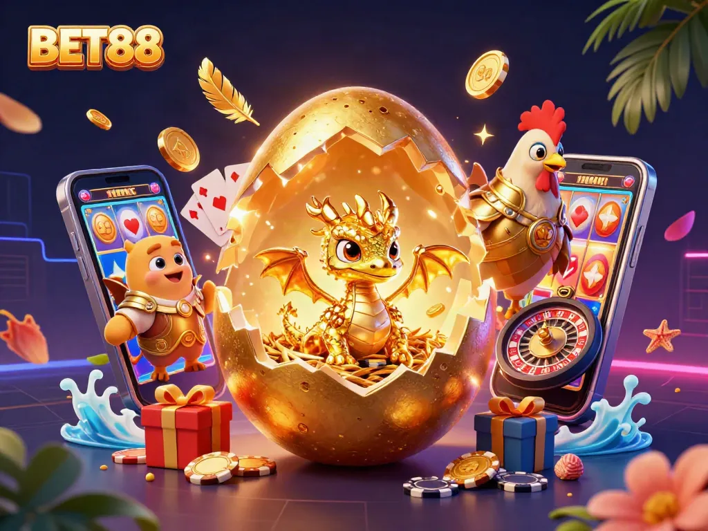 BET88 tham gia vào trò chơi sòng bạc với rồng vàng bên những con chip poker.