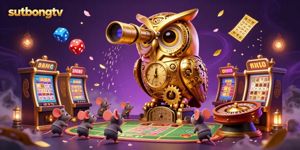 Sutbongtv's mesmerizing 3D illustration showcases a golden owl overseeing a vibrant sports betting scene with lively characters.